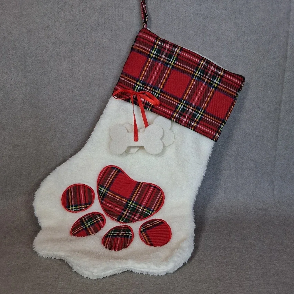 Red Plaid Dog Paw Christmas Stocking Sherpa Fleece with Bone Charms Holiday